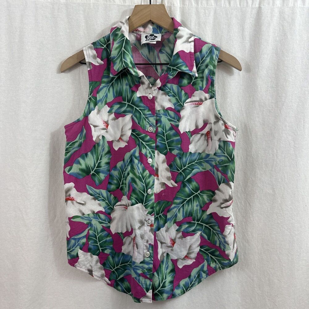 Hilo Hattie Tropical Hawaiian Floral Print Button Up Sleeveless Top Womens Sz M